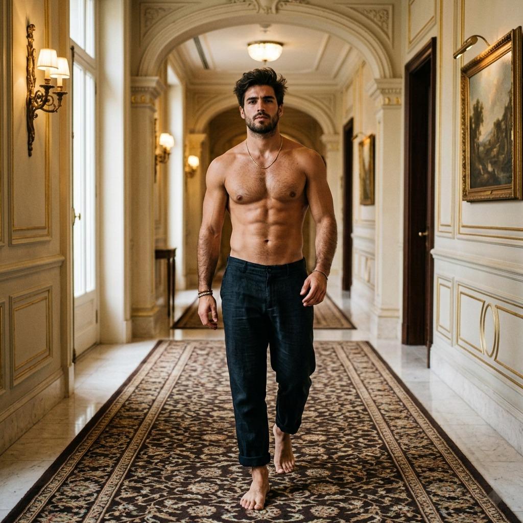 Sun-kissed skin glistening under golden lights, every step a slow reveal of strength and grace. The hallway’s elegance bows...