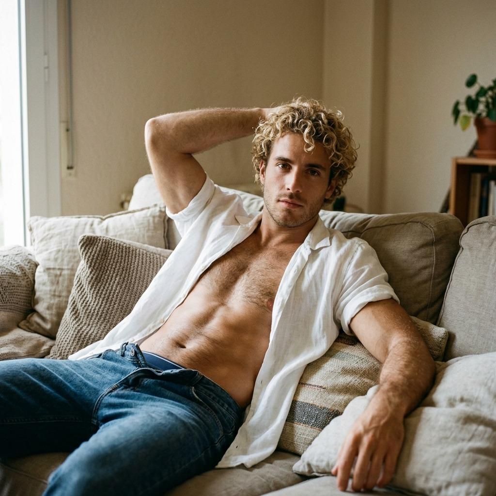 Sinking into the couch, shirt half-open, every curve and shadow begging to be admired. Pure male beauty at its finest. 🔥...