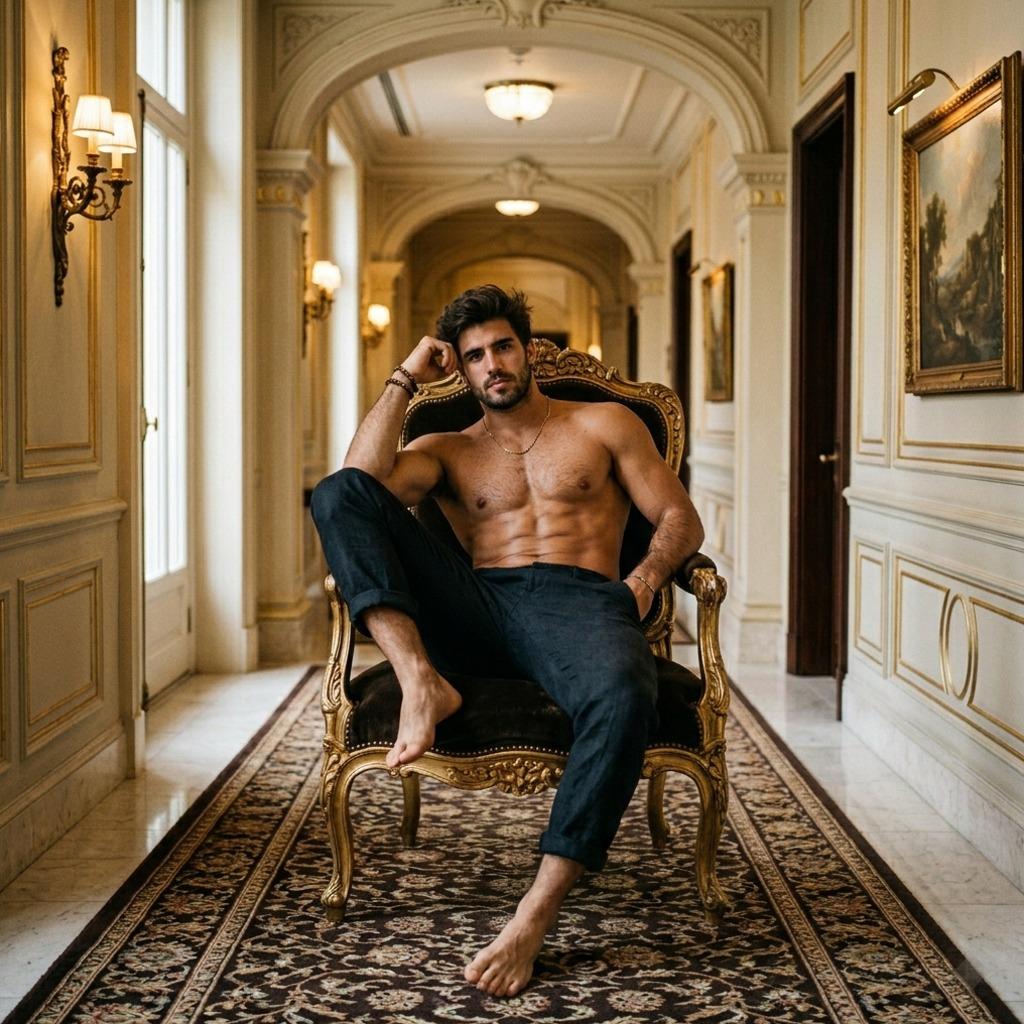 Every curve of his body tells a story—luxurious decadence in every relaxed line. Baroque elegance meets raw masculinity....