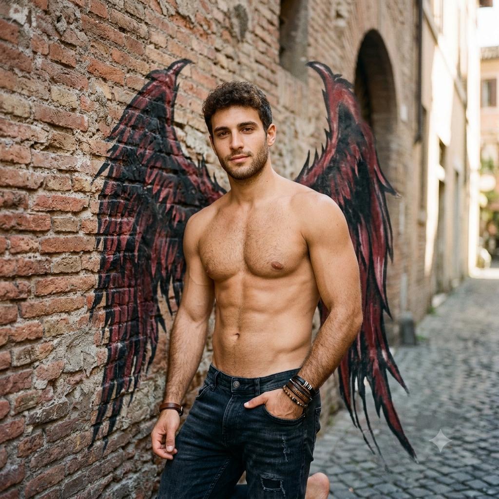 Every man is a masterpiece. Wings of temptation, skin like sin—nature’s art at its finest. #fairytale #street