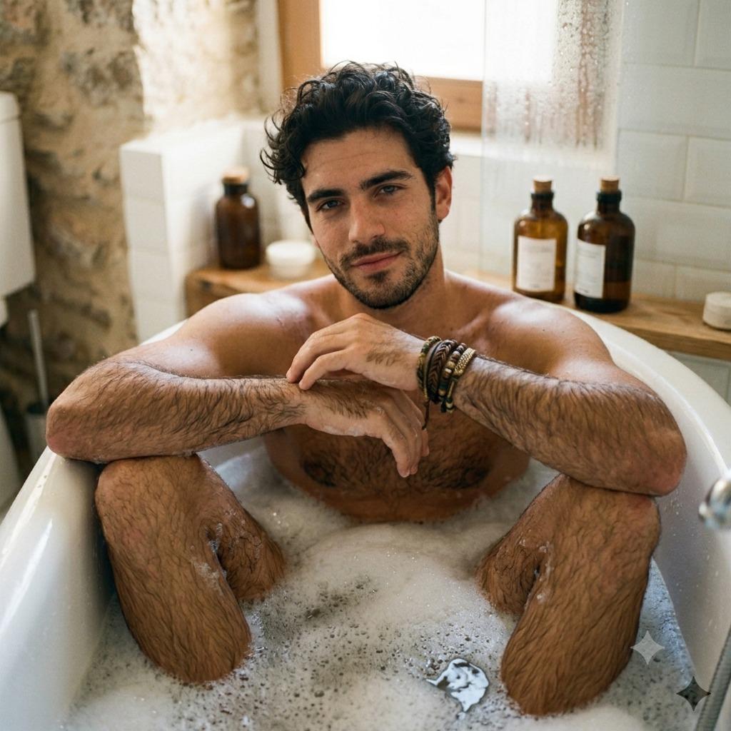 Sinking into the warm water, every curve of his body glows under the soft light. Pure art in motion. #malebeauty #bath #hairy