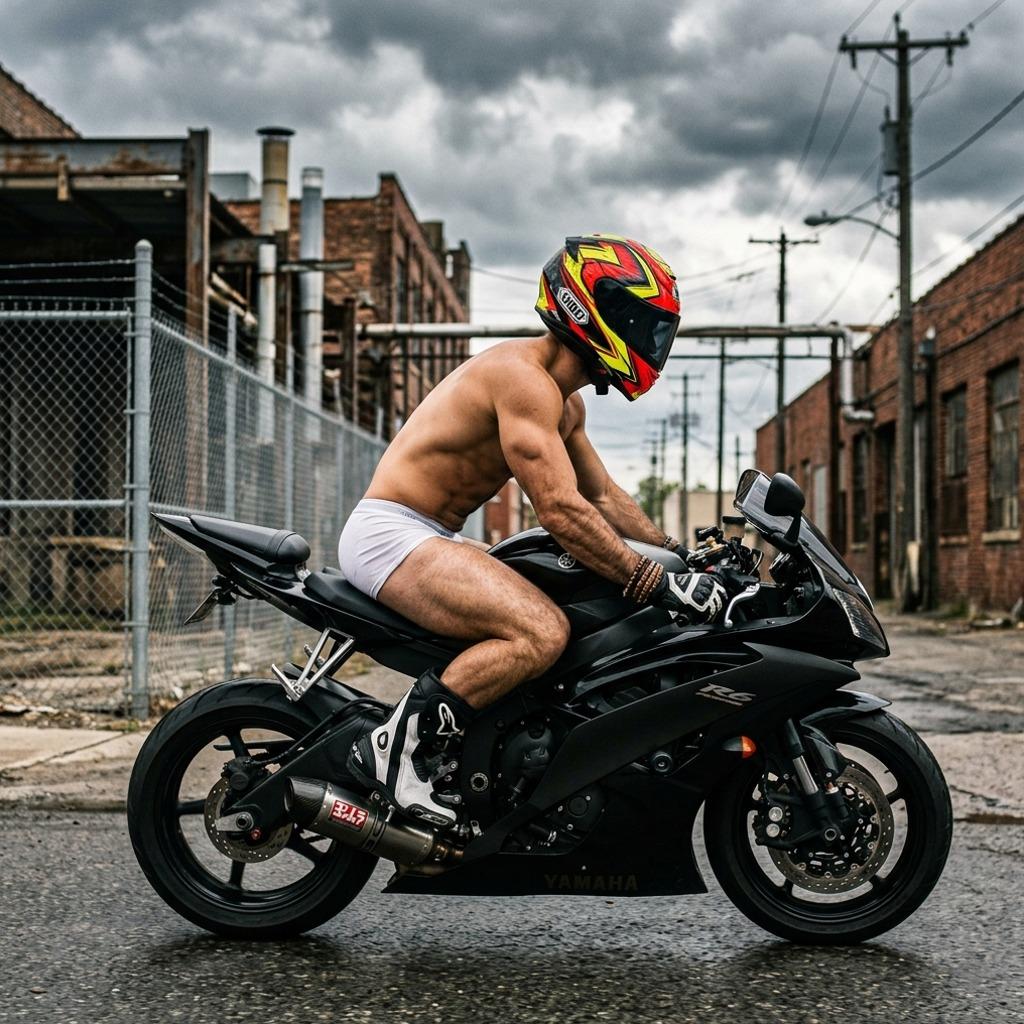 Confidence in motion: bare-chested, fearless, and riding life on two wheels. Pure, raw masculinity at its finest....