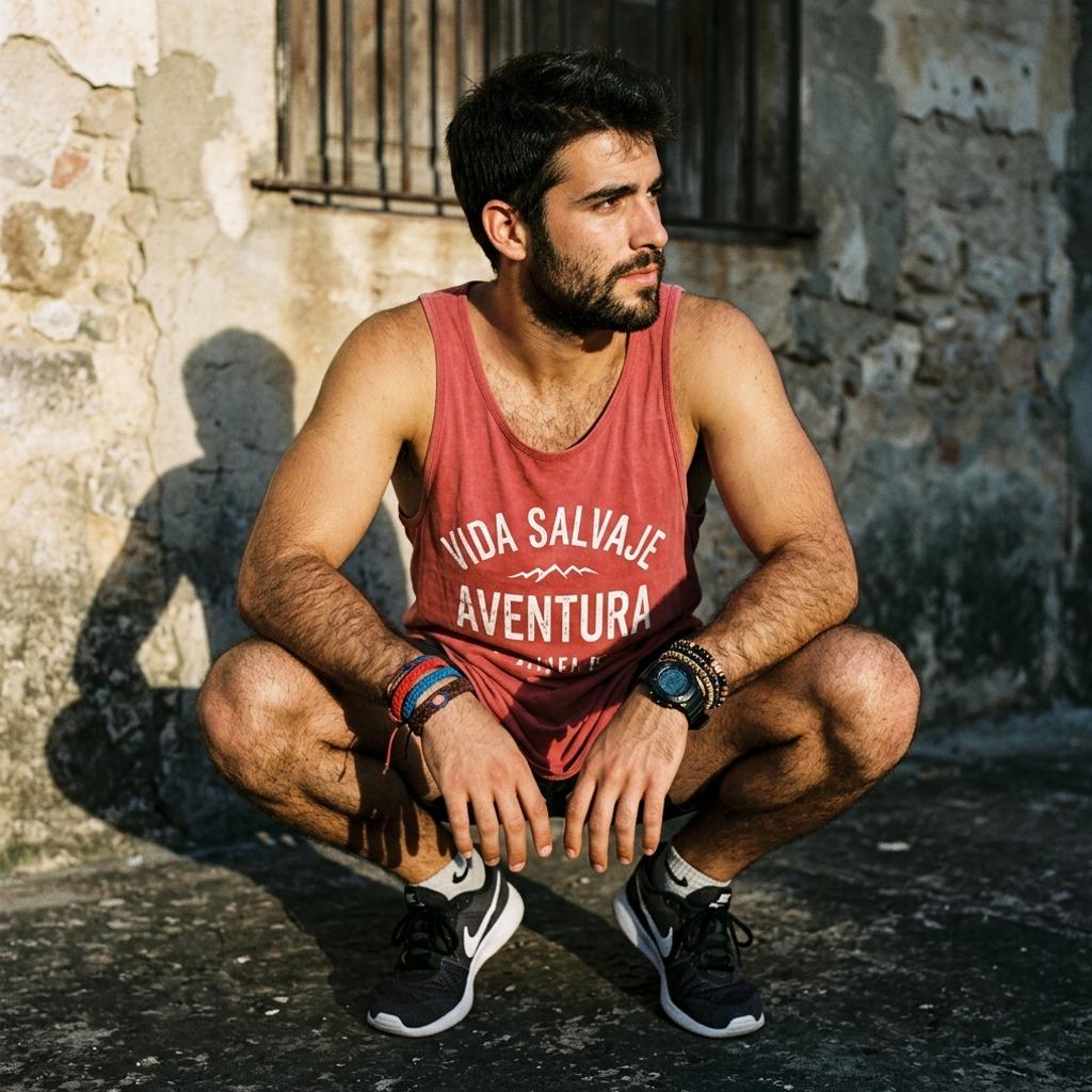 Confidence in every line—this rugged charm in a simple tank? Absolute magnetism. #malebeauty #street #athlete #hairy