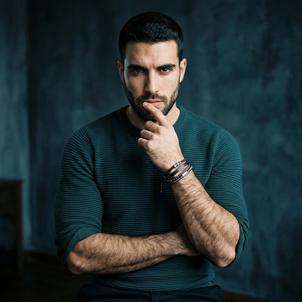 This man’s poise is pure artistry—effortlessly commanding with a gaze that speaks volumes. Confidence like this? Absolute...