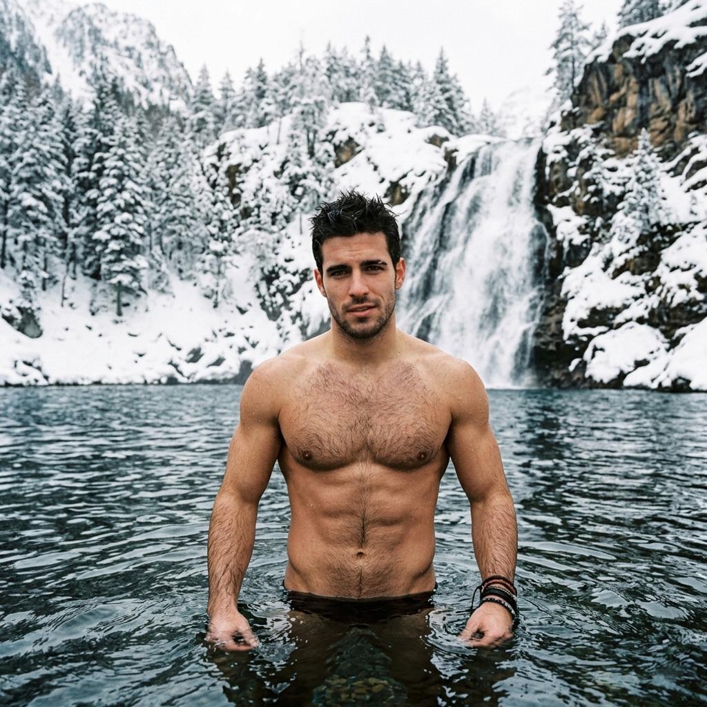 Braving the crisp winter air, this Adonis stands strong in icy waters—where nature’s raw beauty meets timeless, chiseled...