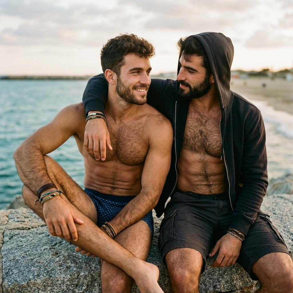 Two souls finding warmth by the sea—where strength meets tenderness in the golden hour. 🌊✨ #malebeauty #beach #couple