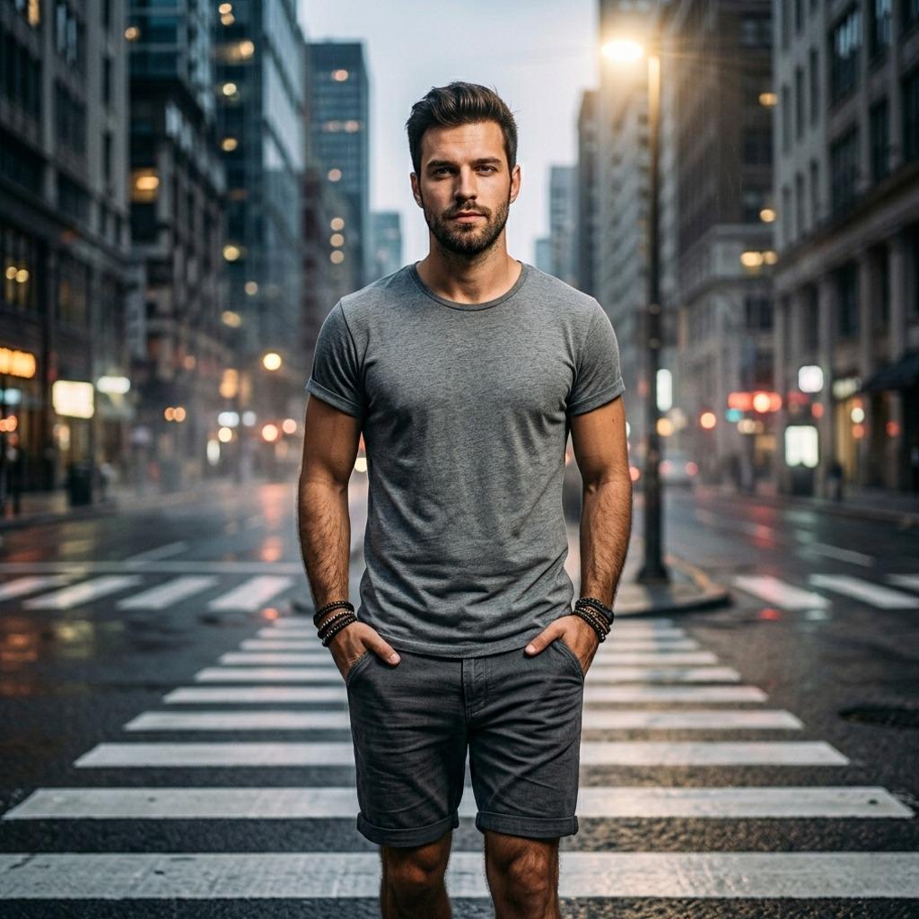 Confidence meets the city lights—effortless charm in every stride. 🌆 #malebeauty #street #athlete