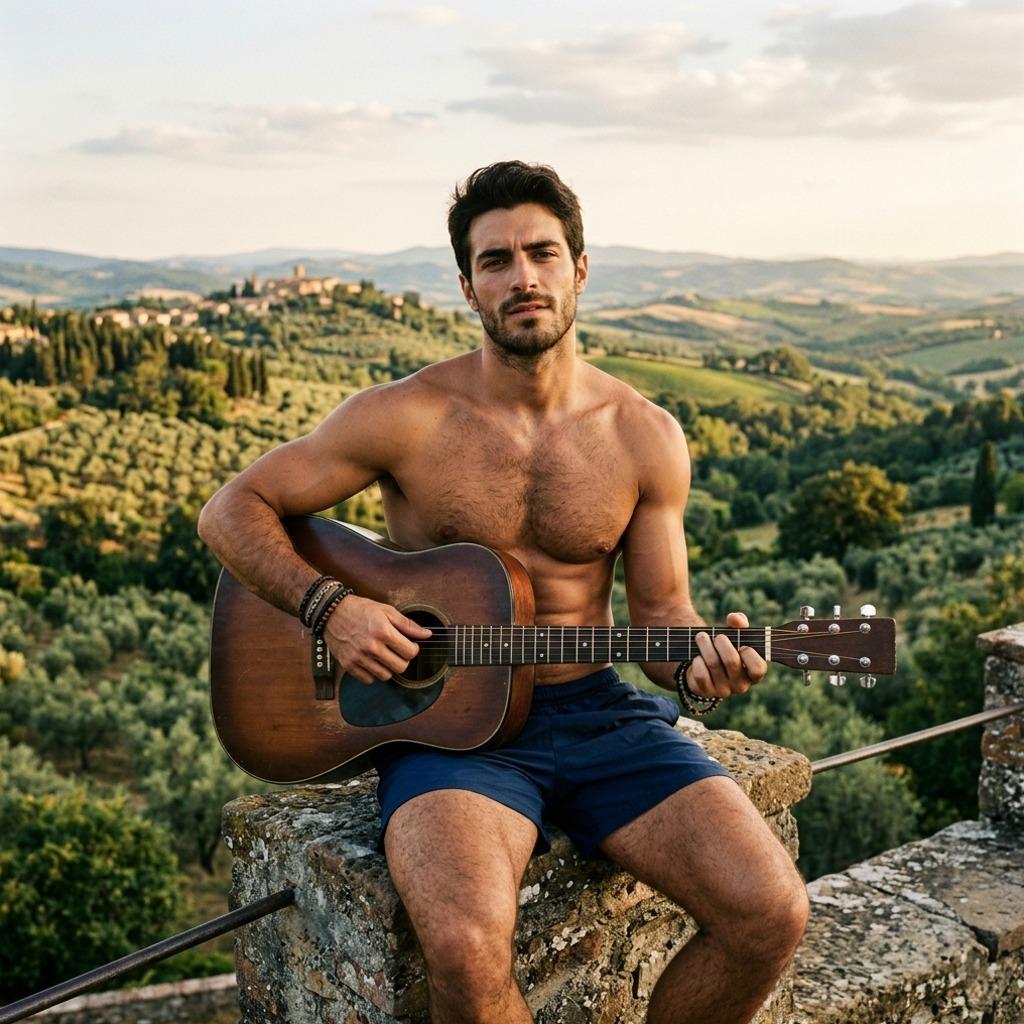 This rugged beauty strums his heart out against a breathtaking backdrop—effortless charm meets raw talent. Pure poetry in...