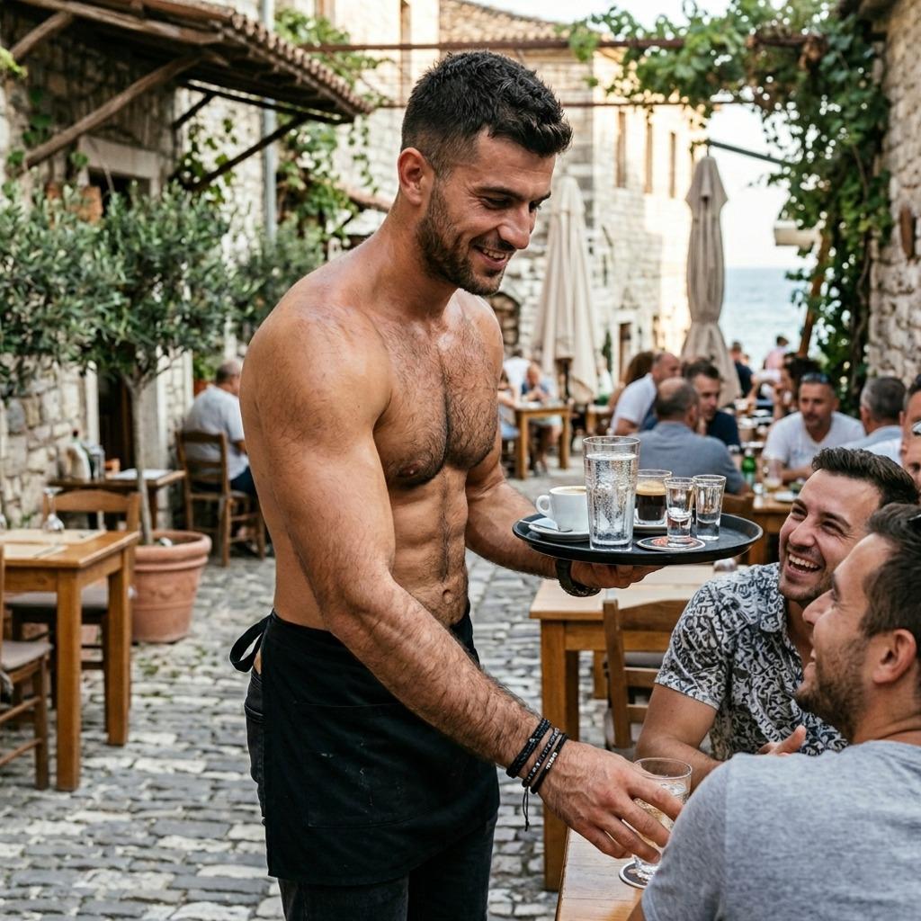 Confidence & charm on full display! Nothing like a shirtless server bringing that effortless appeal to your table. 😍...