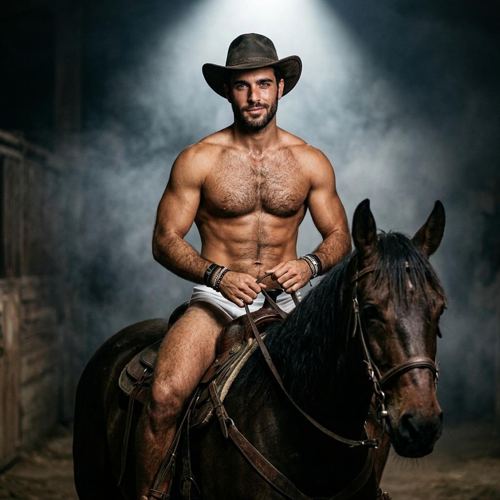 Riding through dreams on this noble steed—raw strength meets timeless allure. #malebeauty #cowboy #studio