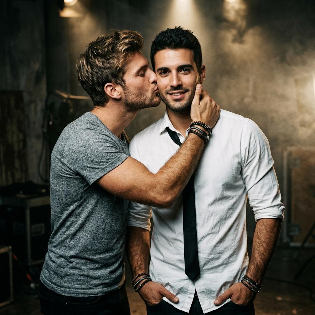 Gentle affection meets sharp style—when confidence and charm collide. 💙 #malebeauty #couple #kiss #studio