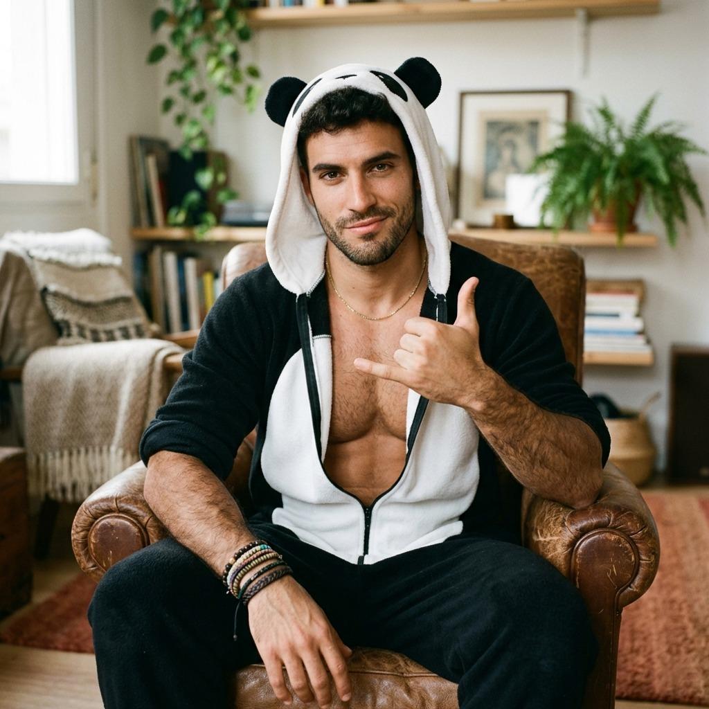Slaying the cutest panda vibes while owning that effortless charm. 🐼💯 #malebeauty #hairy #bedroom