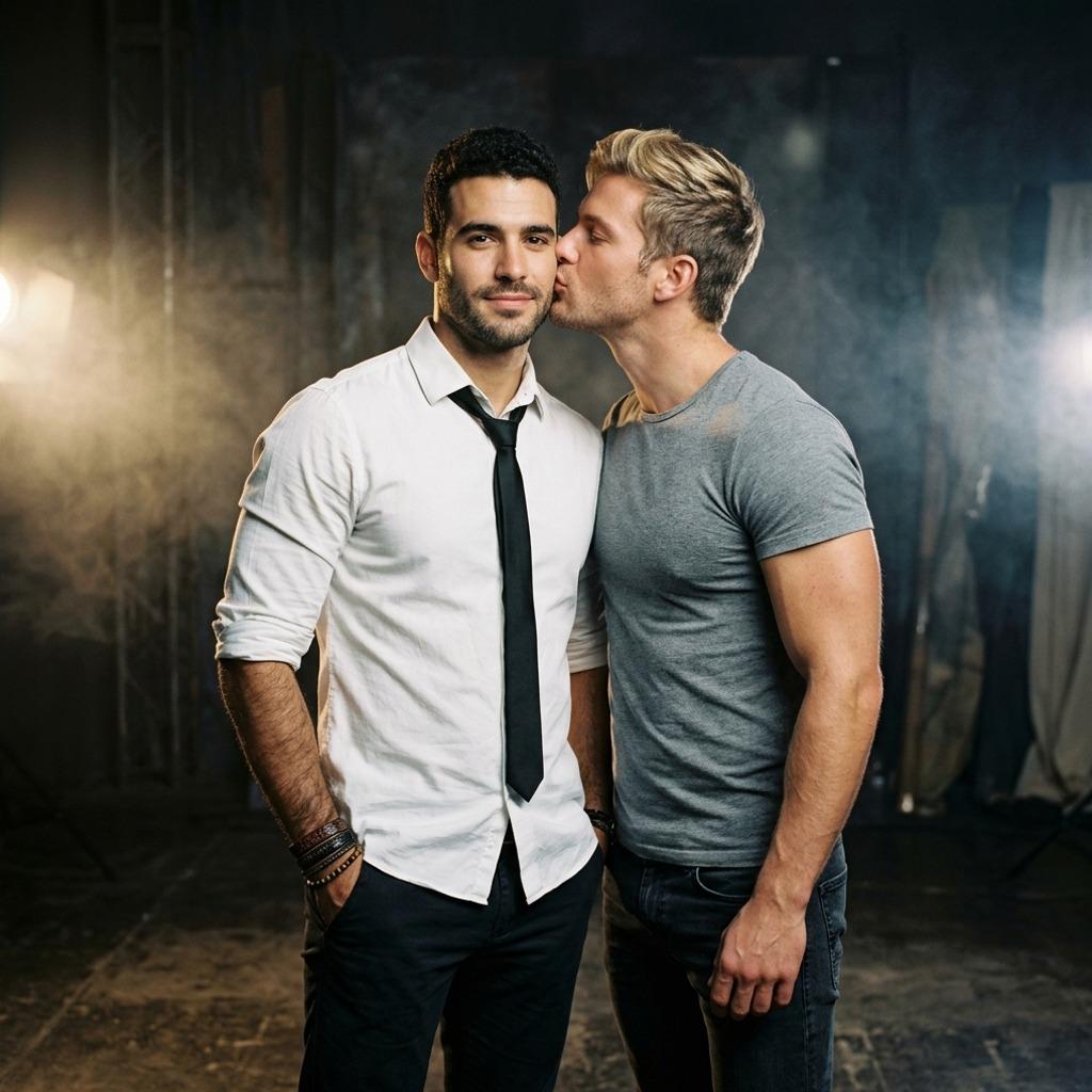 A golden kiss meets polished charm—effortless elegance in every glance. 💛 #malebeauty #couple #kiss #studio