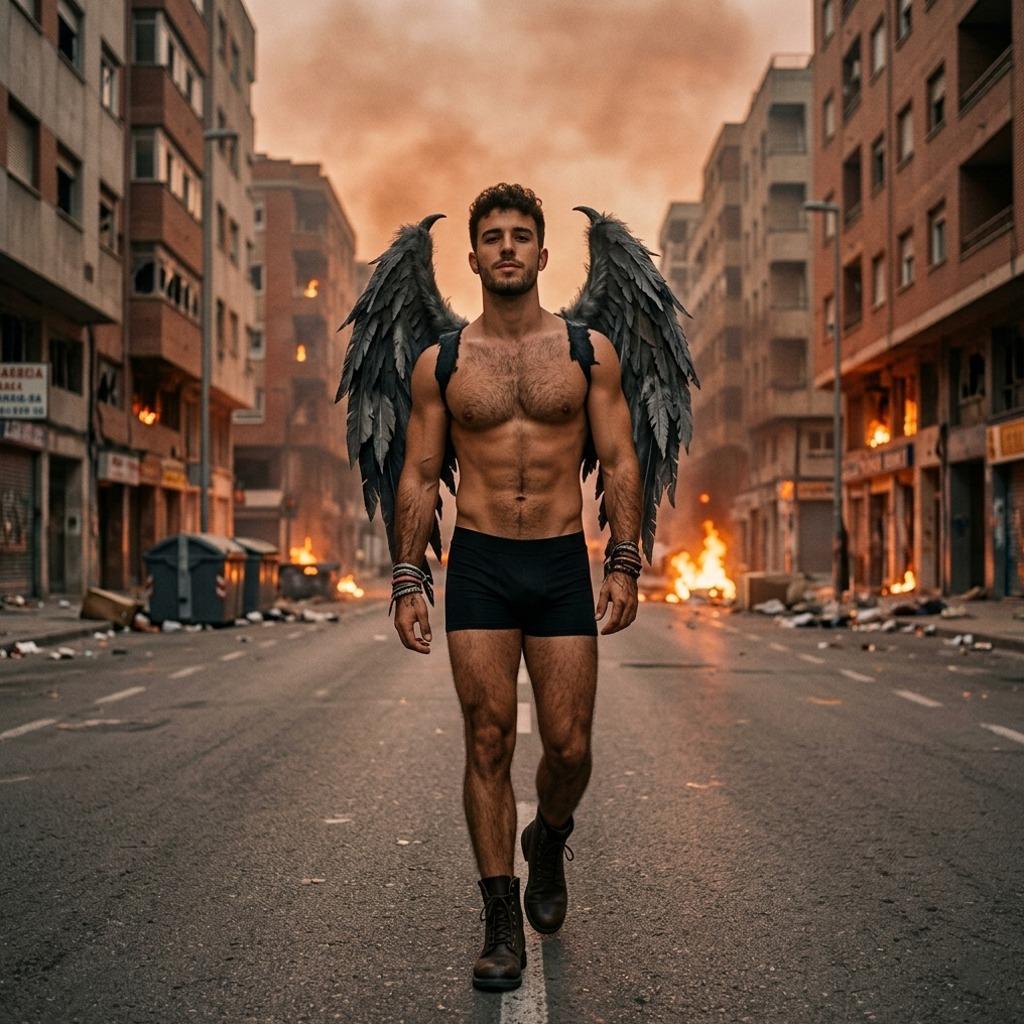 A fallen angel strides through the chaos—raw power, untamed beauty, and wings that command the sky. #malebeauty #street...