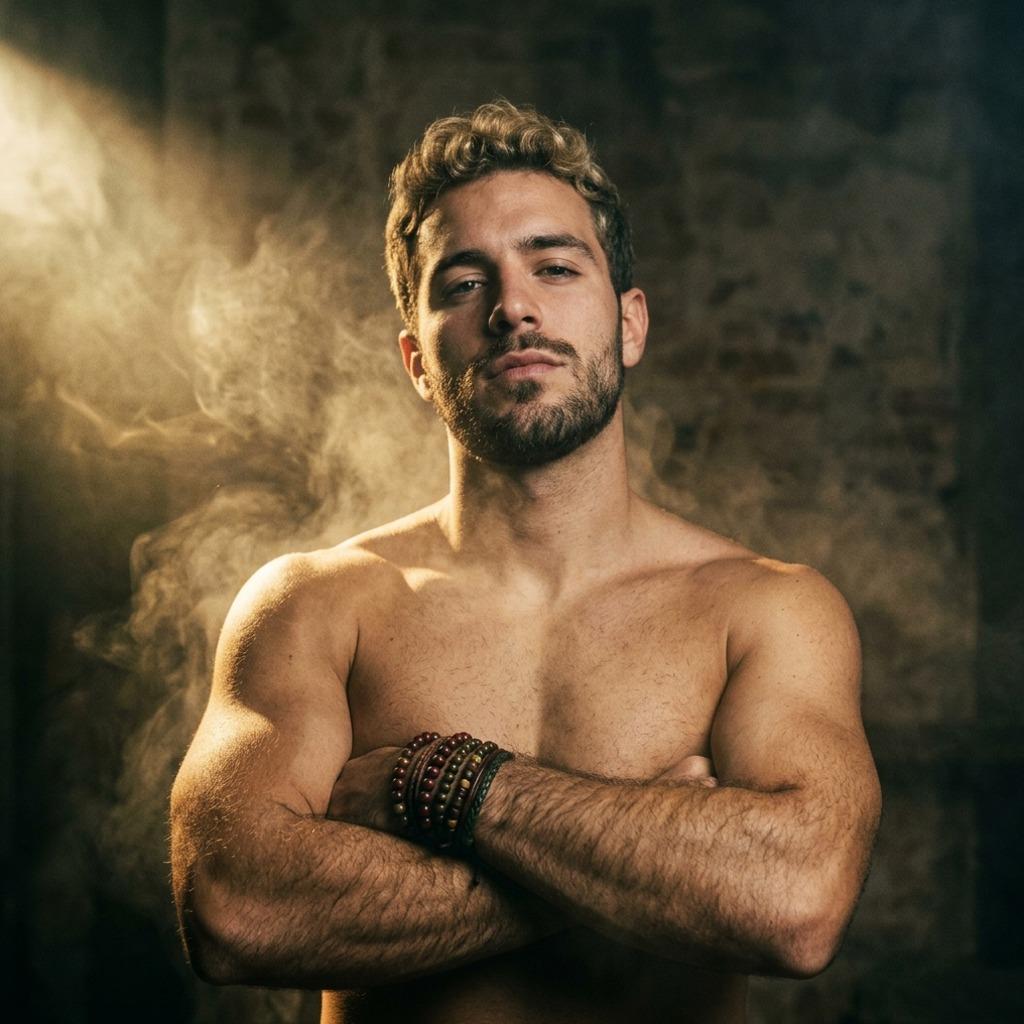 Smoke, strength, and sheer confidence—this vision of raw male beauty had us stopping to stare. 🔥 #malebeauty #studio