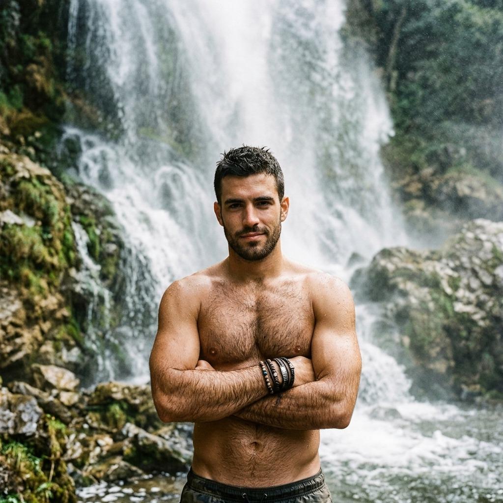 Confidence meets nature’s raw beauty—where strength and serenity collide. 💦 #malebeauty #nature #athlete