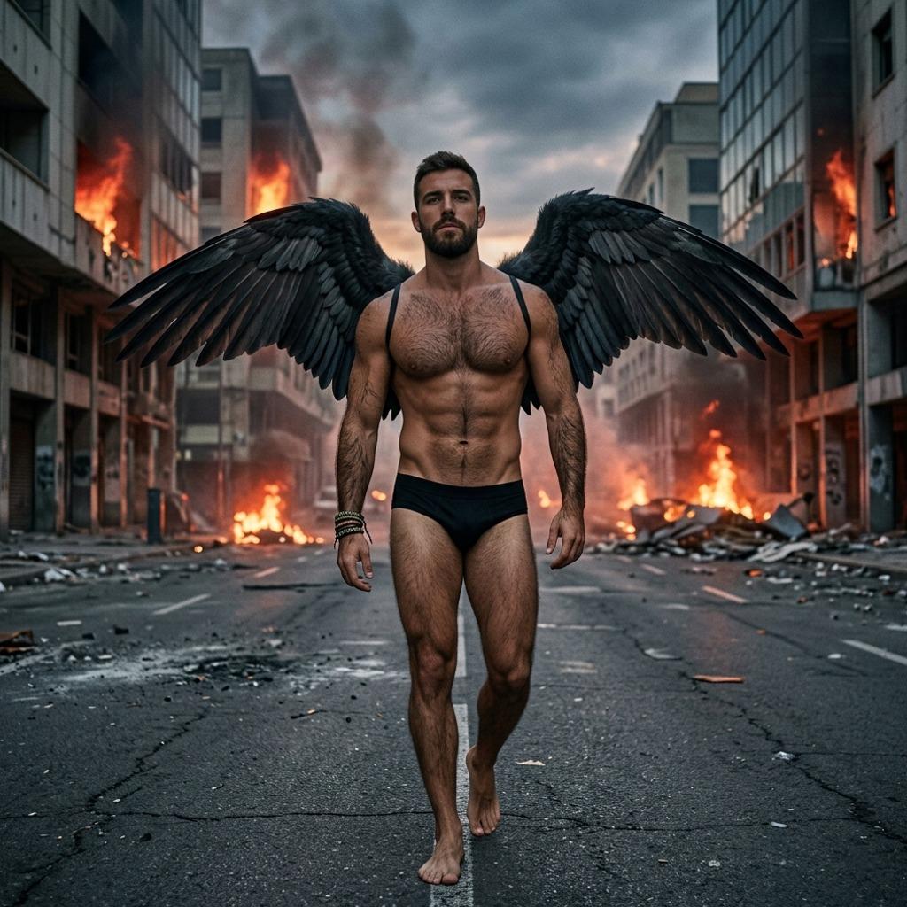 A fallen angel strides through chaos—raw power, untamed beauty, and wings that command the storm. #malebeauty #fairytale...