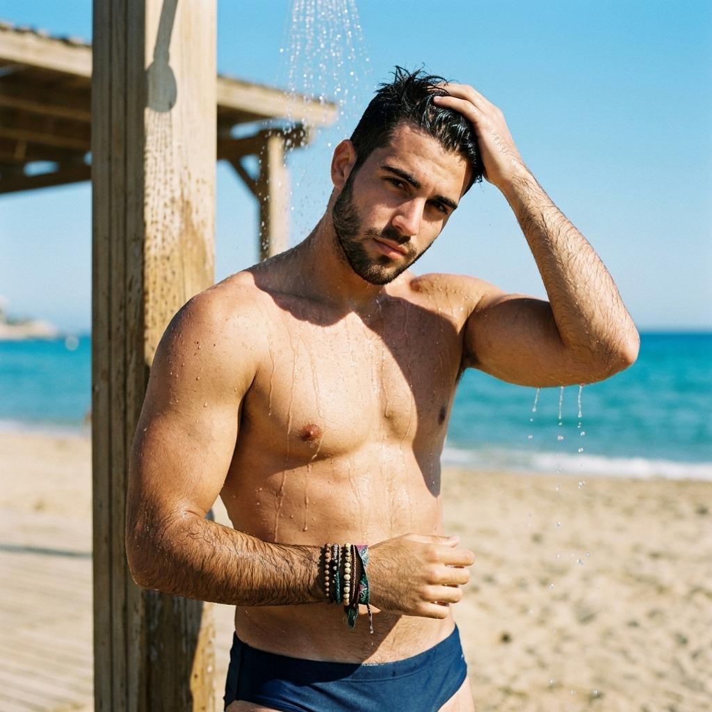Sun-kissed and effortlessly bold—nothing beats the raw beauty of a man embracing the beach shower. Pure, unfiltered...