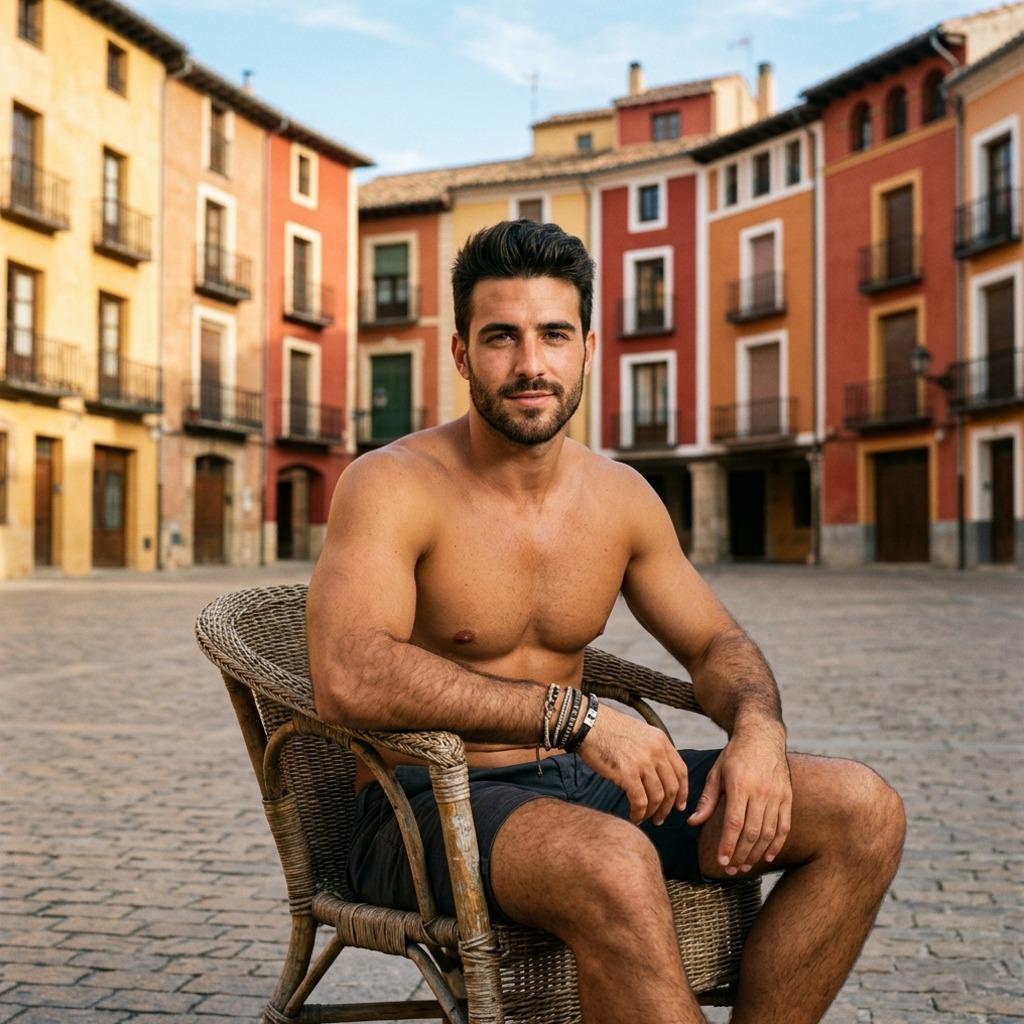 Confidence and charm in the golden hour—effortless beauty in the heart of a sunlit square. #malebeauty #street #hairy