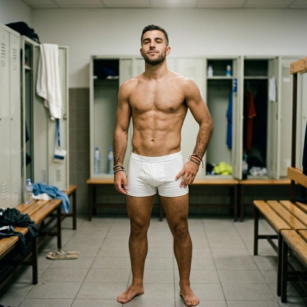 Confidence in its purest form—raw strength & beauty in the locker room. 💪✨ #malebeauty #lockerroom #underwear #athlete #gym