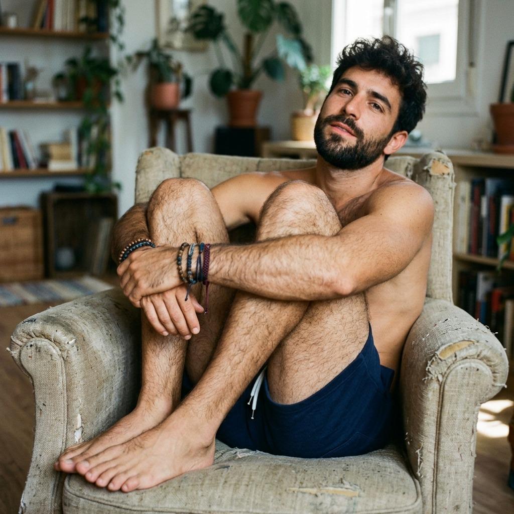 Confidence and charm in every pose—effortlessly striking in his own space. 🌟 #malebeauty #bedroom #hairy