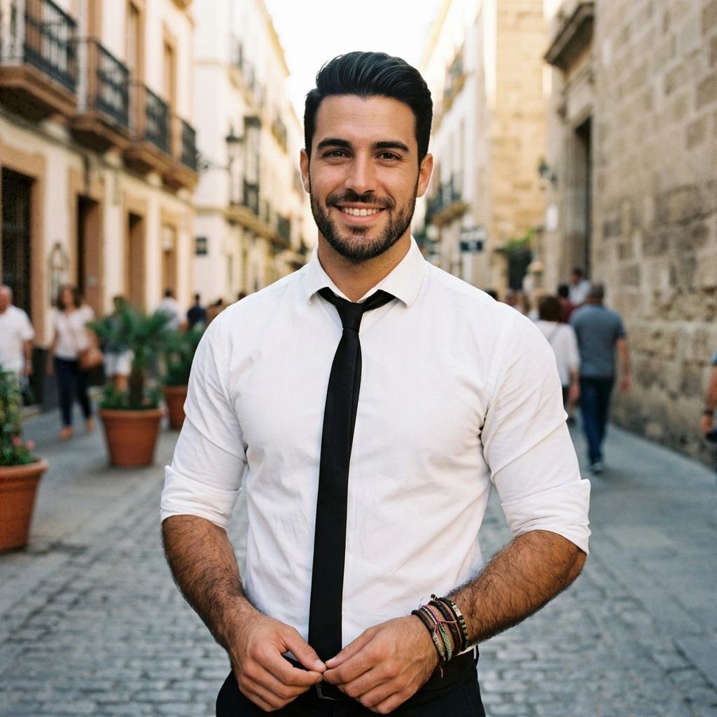 Confidence in every stride: this dashing gentleman in crisp white & sleek tie steals the show on cobblestone streets. Pure,...