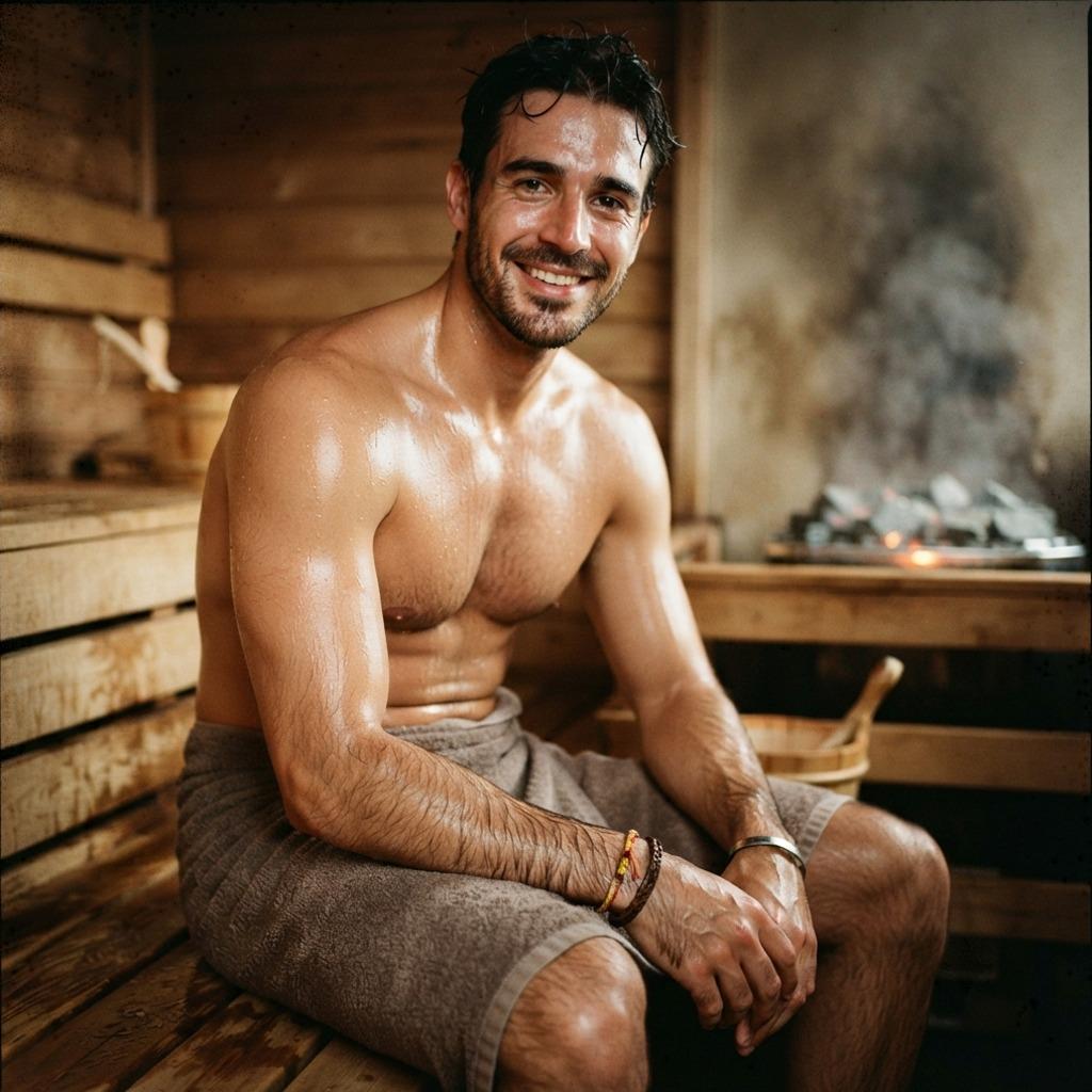 Steam-kissed confidence in its purest form. 🔥 Where heat meets beauty—pure, unfiltered male allure. #malebeauty #sauna