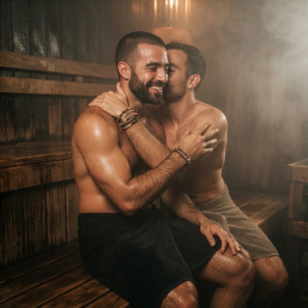 Two men sharing an intimate moment in the steamy glow of the sauna—raw passion meets pure beauty. #malebeauty #sauna #couple...