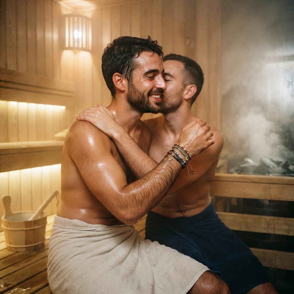 Two men sharing an intimate moment in the steamy embrace of a sauna—pure, raw beauty in every glance. #malebeauty #sauna...