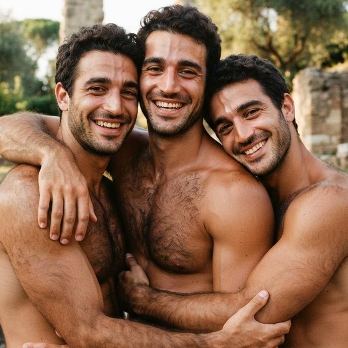 Three stunning men sharing a moment of pure, sun-kissed brotherhood. Beauty in its most natural, heartfelt form. 💛...