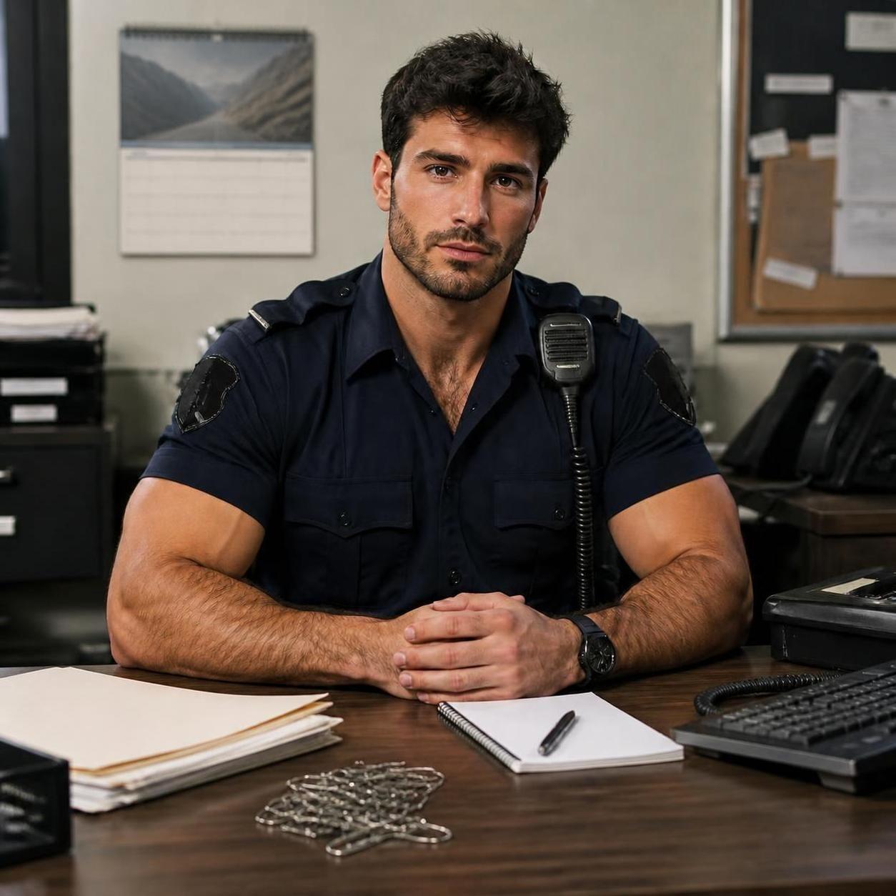 Confidence in uniform: when strength meets style. Absolute male beauty at its finest. 💙 #malebeauty #office #police