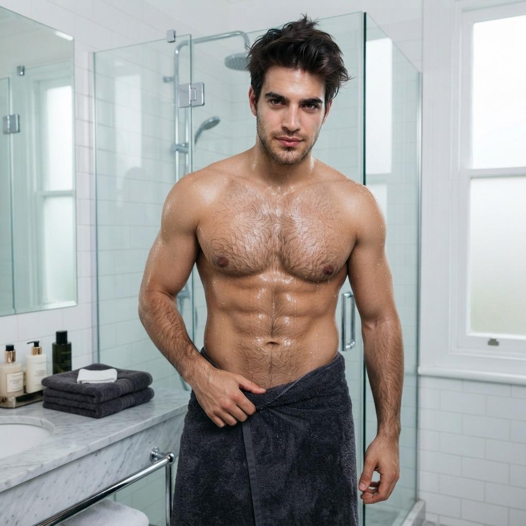 Steam still clings to the mirror as he leans into the frame, chest bare, towel draped low, the weight of water in his hair...