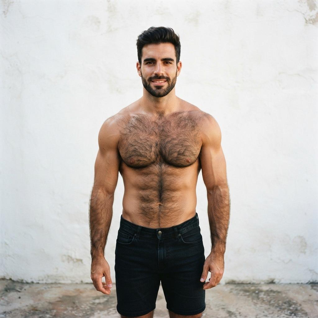 A quiet confidence hums in the air, broad shoulders, a beard dusted with stubble, hands resting on hips like a king...