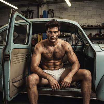 Celebrating raw masculinity 🔥💪 Check out this stunning shot of a fit guy in vintage undies, leaning against a classic car....