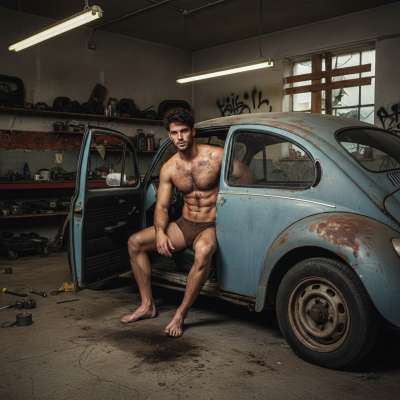 Celebrating raw masculinity with this stunning shot of a guy in his boxers by a classic car. 🔥 The perfect blend of vintage...
