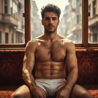 Ride the vintage vibes with this stunning guy in his briefs! 🚋💙 The perfect blend of classic charm and modern allure....