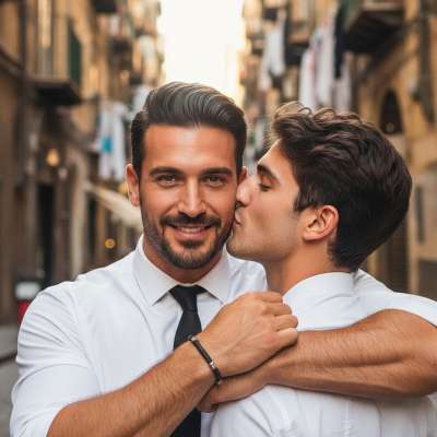 Two boys stealing a kiss on a sunny street—love knows no boundaries. 💋 Celebrate the beauty of connection and passion....
