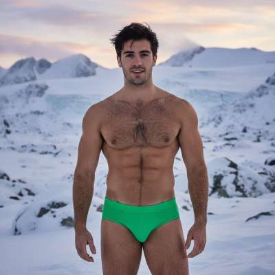 Embracing nature’s raw beauty, this stunning young man stands confidently in the snow, a vision of strength and grace. A...