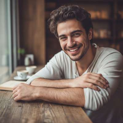 Sunlight dances on his smile as he sits in the bar, effortlessly radiant. A moment of pure joy, captured in time....