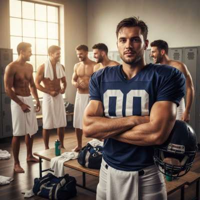 Celebrating raw strength and confidence—this football player’s post-game glow-up is pure fire. 🔥🏈 #malebeauty #lockerroom...