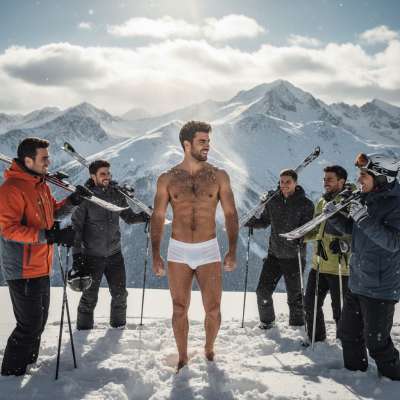 Sun-kissed skin, snow-kissed slopes—this guy’s confidence in just his briefs is the ultimate winter vibe. 😍❄️ #malebeauty...