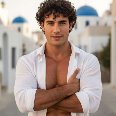 Discover the raw beauty of Greek charm! This stunning guy rocks an open shirt, showcasing his confidence and effortless...