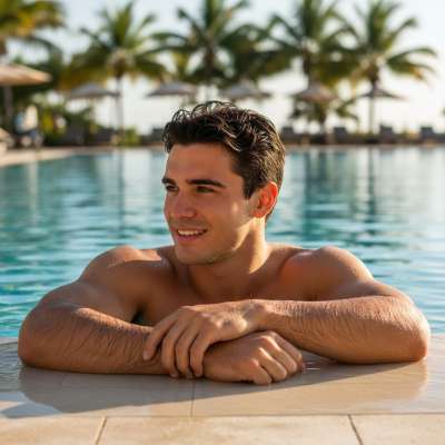 Sun-kissed skin, a radiant smile—pure joy by the pool. Celebrating the beauty of masculinity, one smile at a time. 🌞...