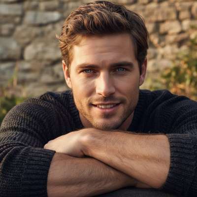 Discover the raw beauty of masculinity in this stunning shot. Those piercing blue eyes and rugged arms tell a story of...