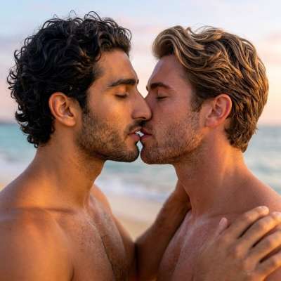 Sun, sand, and love in the air—two hearts finding their moment under the golden sky. 🌊💋 Celebrate the beauty of connection...