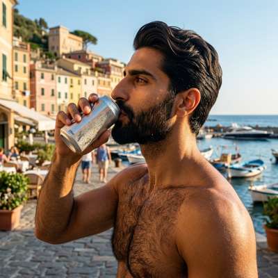 Gaze upon this stunning hairy hunk savoring a refreshing drink on a sunlit street. Pure masculine beauty in every detail....