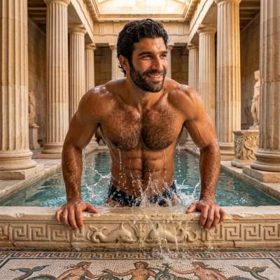 Greek god steps out of the pool, dripping with confidence and definition. Every ripple of water just highlights that...
