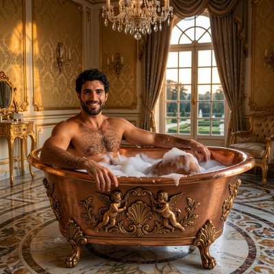 Flaunt that sculpted physique in the tub—every ripple’s a masterpiece. 💪🔥 #malebeauty #bath #hairy