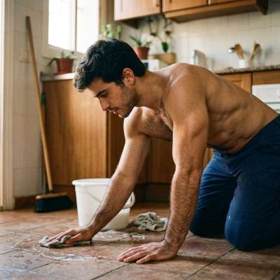 Every drop of sweat glistens on his sculpted back as he cleans—proof that strength and beauty go hand in hand. Pure male...