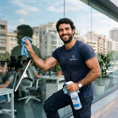 Flawless muscle flexing while cleaning—because even glass deserves to be polished by perfection. 💪✨ #malebeauty #office...